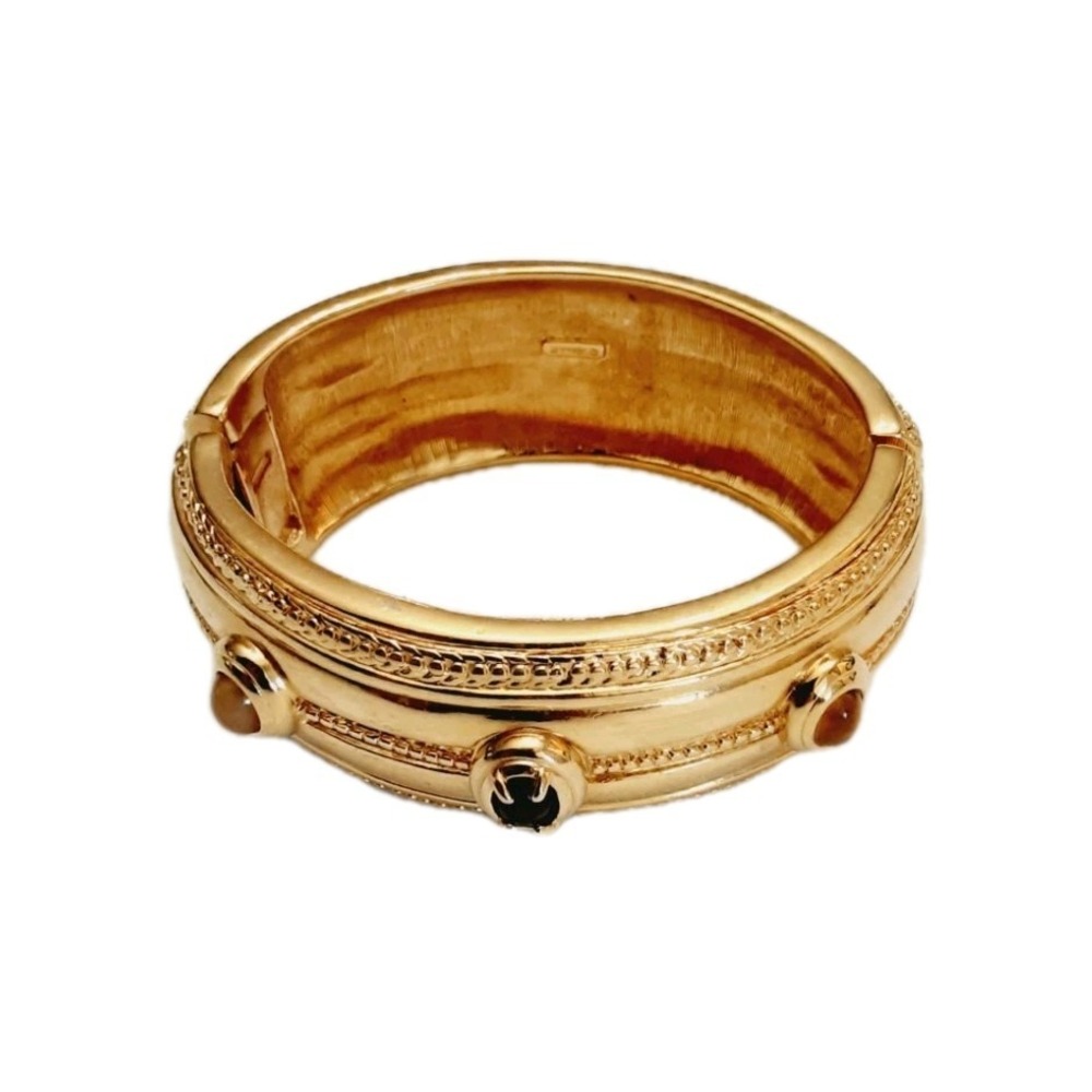 1990s Monet Bracelet shiny Gold Tone Wide Heavy Bangle Hinged Modernist Cabochon